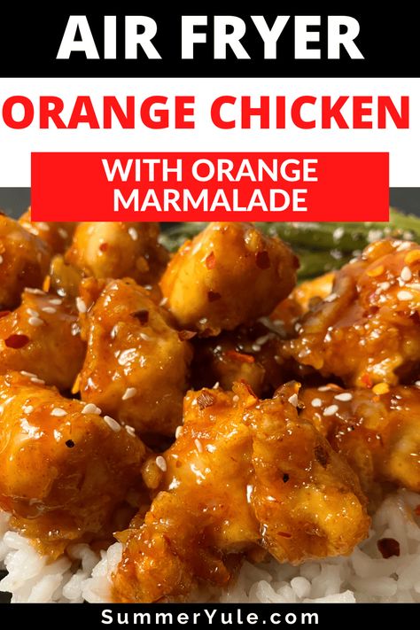 Air fryer orange chicken with orange marmalade is an easy recipe with a sweet and sticky sauce. Satisfy your cravings for Asian orange chicken with this dish the whole family will love. Learn how to make orange chicken in the air fryer, get tips on making it sugar free, and more. Why not air fry orange chicken for dinner tonight? 🍊 Orange Chicken Using Orange Marmalade, Oven Orange Chicken, Orange Chicken Recipe With Marmalade, Orange Chicken Recipe Air Fryer, Recipes With Orange Marmalade, Orange Chicken With Orange Marmalade, Orange Chicken Air Fryer, Orange Chicken Recipe Easy, Air Fryer Orange Chicken Recipe