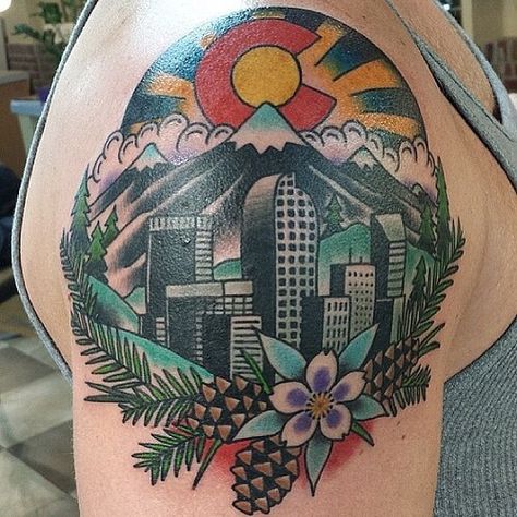 Co 😍 Denver Tattoo, Tattoo License, Colorado Tattoo, Skyline Tattoo, Denver Skyline, Glyph Tattoo, Literary Tattoos, Sick Tattoo, Triangle Tattoos