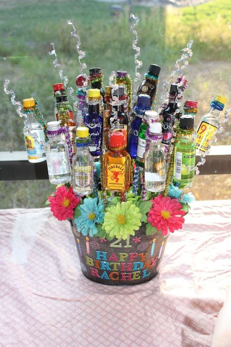 21st Birthday Gift Baskets, 21st Birthday Basket, Liquor Bouquet, Mini Liquor Bottles, Birthday Shots, Wedding Concept, Birthday Basket, Birthday Bouquet, Diy Gift Baskets