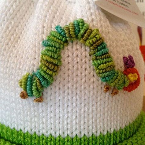 Colorful Crowns Green Hungry Caterpillar Knitted Newborn Baby Beanie Hungry Caterpillar Embroidery, Embroidered Caterpillar, Caterpillar Embroidery, Baby Embroidery Ideas, Bordado Jacobean, Bullion Embroidery, Baby Embroidery, Embroidery Stitches Tutorial, Baby Hats Knitting