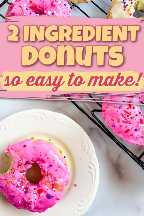 a pink donut with a bite in it on a white plate Baked Cake Mix Donut Recipe, Two Ingredient Recipes, Mini Donut Maker Recipes, Cake Mix Donuts Recipe, Two Ingredient Cakes, Cake Donuts Baked, Baked Donuts Recipe, Five Star Recipes, Donut Maker Recipes