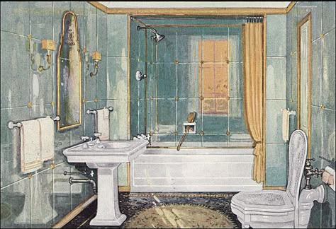 1926 Elegant Crane Bathroom  This ad was published in House Beautiful. 1920s Bathroom, 1920s Home Decor, 1920s Interior, Art Deco Bathrooms, Colorful Bathroom Tile, 1920s Home, 1920s House, Vintage Homes, Art Deco Bathroom