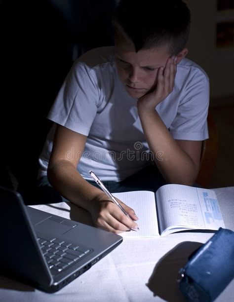 Boy doing homework with laptop. A teenage boy sitting at a desk, doing his schoo #Sponsored , #Sponsored, #sponsored, #homework, #teenage, #desk, #laptop Computer Pose Reference, Person At Desk, Person Sitting At Desk, Teenage Desk, Sitting At Desk, Picture References, Animation References, Draw Reference, Desk Laptop