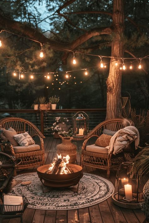 50+ Outdoor Patio Ideas to Transform Your Backyard Into a Paradise Seating Garden Ideas, Terrace With Fire Pit, Fire Pit On A Deck Ideas, Cozy Landscaping Ideas, Backyard Patio With Lights, Cozy Outside Space, Cozy Outdoor Seating Area, Backyard Deck Landscaping, Cottage Garden Fire Pit