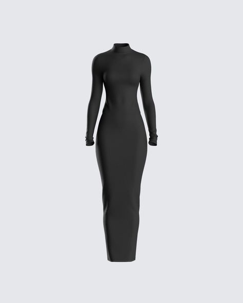 When it comes to effortlessly looking good, this black maxi dress has you covered 🖤 Made from stretch jersey fabric, and complete with a mock neck, long sleeves, and a bodycon style -  this dress will have you intimidating everyone you walk past 😏 Black Bodycon Maxi Dress, Black Dress Outfit Party, Black Bodycon Dress Long Sleeve, Fashion Collection Inspiration, Strapless Ruffle Dress, Bodycon Maxi Dress, Maxi Dress Outfit, Bodycon Style, Cute Dress Outfits