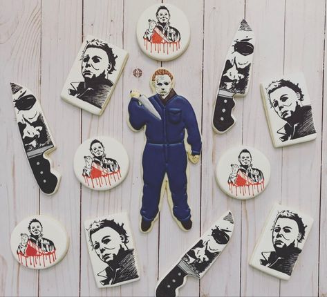 Michael Myers Party Decorations, Michael Myers Cookies, Michael Myers Birthday Party, Horror Movie Cookies, Horror Cookies, Hunter Birthday, Demon Aesthetic, Michael Meyer, Cookie Decorations