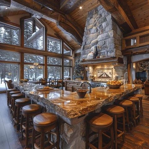 Bed And Breakfast Kitchen Ideas, Luxury Cabin Kitchen, Kitchen With Stone, Rustic Kitchen Designs, Rustic Kitchen Ideas, Lodge Kitchen, Mountain Dream Homes, Inviting Kitchen, Rustic Kitchens