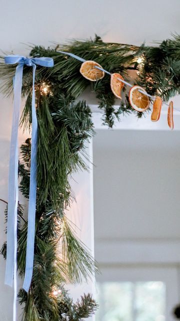 Orange Color Christmas Decor, Garland With Oranges, Diy Hanukkah Decorations, Mediterranean Christmas Decor, Orange Garland Diy, Grand Millennial Decor, Fireplace Garland, How To Make Orange, Lauren Ashley