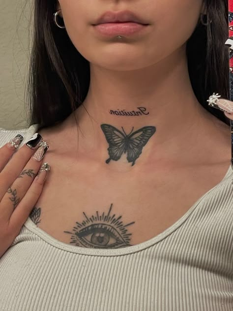 Butterfly Tattoo On Throat For Women, Neck Tattoos Women Front Throat, Under Throat Tattoo, Woman Neck Tattoo Ideas, Throat Tattoo Butterfly, Lower Throat Tattoo, Tattoo Throat Woman, Dainty Throat Tattoos For Women, Butterfly Tattoo On Throat