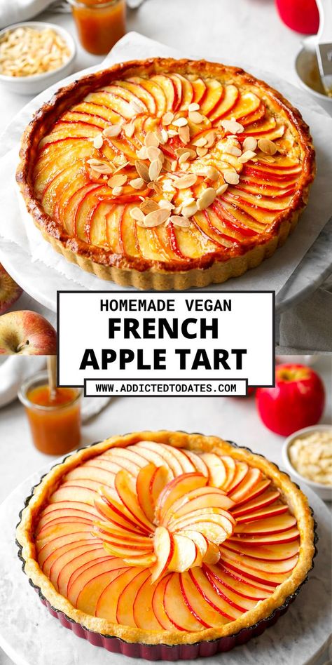 apple tart with pink apples arranged on top. Vegan Apple Tart Recipe, Vegan Apple Tart, Vegan French Recipes, Glazed Apples, Almond Frangipane, Vegan Thanksgiving Dessert, Vegan Tarts, French Apple Tart, Patisserie Vegan