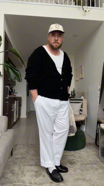 Kyle Pretzlaff on Instagram: "Stepping out of my comfort zone this fall to try new things. I went for a more fitted base undershirt and an oversized slouchier layer on top with the cardigan to balance out the relaxed fit trouser and give myself a boxier silhouette overall. -Pants are @dockerskhakis linked in my Amazon and LTK -tank is a pre-drop from @charlesmackenzieco -cardigan is from @kuwallatee -hat is from @kith from their women’s kith & kin line -Loafers are @amazonca -rings are Big Boy Fashion Men, Thick Men Fashion, Big Boy Fashion, Mens Inspo, How To Wear Loafers, Kith And Kin, Big Men Fashion, Out Of My Comfort Zone, Try New Things