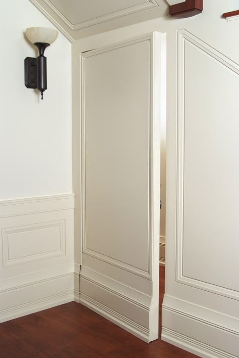 Secret paneled door with custom baseboard and shoe moulding. Skjulte Rum, Hidden Doors In Walls, تحت الدرج, Door Aesthetic, Hidden Spaces, Hidden Rooms, Secret Door, Hidden Door, Secret Rooms