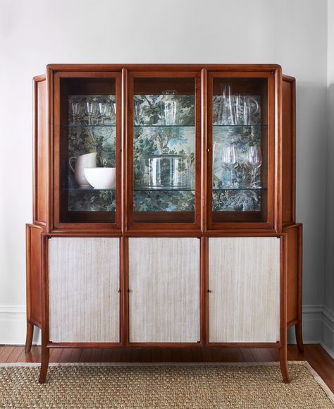 China Cabinet With Wallpaper, Cabinet With Wallpaper, Vintage China Cabinet, Benjamin Moore Advance Paint, Faux Headboard, Vintage China Cabinets, With Wallpaper, Hand Painted Wallpaper, China Cabinets