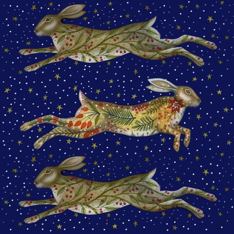 "Christmas Hares" by Kate Green #December #Night https://www.facebook.com/kategreendesigns/photos/pb.100063566347996.-2207520000../4910274869005324/?type=3 Hare Drawing, Hare Pictures, Hare Watercolour, Hare Illustration, Kate Green, Rabbit Pictures, Simple Artwork, Beautiful Christmas Cards, Rabbit Art