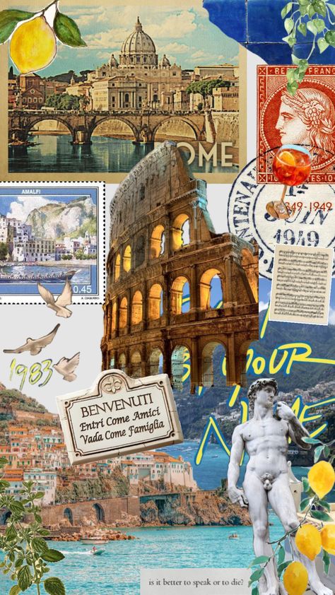 Italy Travel Brochure, Italy Background Aesthetic, Rome Scrapbook, Italy Mood Board, Italy Journal, Italy Collage, Italy Scrapbooking, Italy Scrapbook, 90s Background