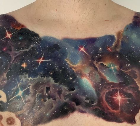 Chest Space Tattoo, Deep Space Tattoo, Space Chest Tattoo Female, Space Tattoos Chest, Night Sky Chest Tattoo, Planet Tattoo Cover Up, Galaxy Chest Tattoo Female, Galaxy Cover Up Tattoo, Galaxy Chest Tattoo