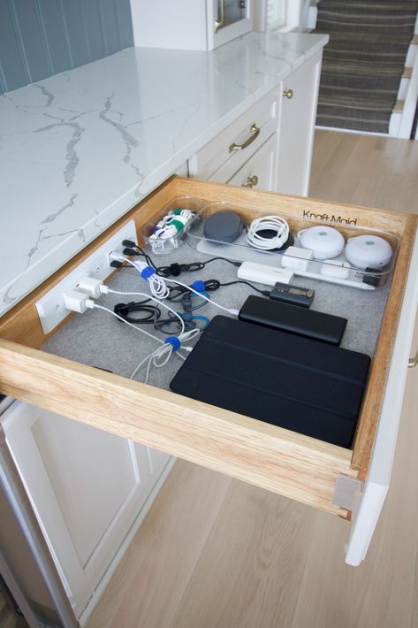 K Pod Drawer, Kitchen Charging Drawer, Build Kitchen Drawers Diy, Kitchen Drawer Remodel, Charging Station In Mudroom, Things To Add To Your Kitchen Remodel, Diy Kitchen Drawers How To Build, Charging Station Mudroom, Mudroom Charging Station