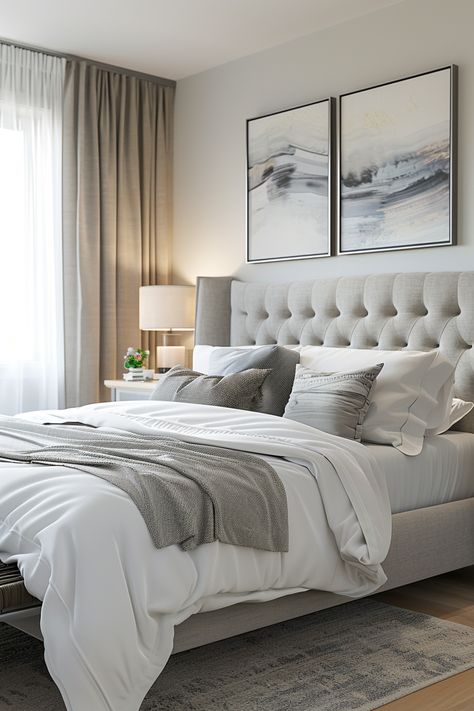 Transform Your Space: Elegant & Minimalist Bedroom Design Ideas Grey Upholstered Bed Decor, Light Grey Headboard, Light Gray Upholstered Bed, Principle Bedroom, Gray Upholstered Bed, Grey Upholstered Bed, Grey Throw Blanket, White Linens, Large Bed