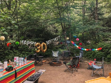 30th Birthday Camping Trip, Camping Themed Party Food, Mountain Birthday Party, Adult Camping Party, Camping Party Activities, 30th Birthday Ideas For Women, Big 30, Camping Theme Party, Birthday Bbq