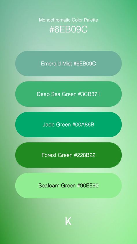 Monochromatic Color Palette Emerald Mist #6EB09C · Deep Sea Green #3CB371 · Jade Green #00A86B · Forest Green #228B22 · Seafoam Green #90EE90 Sea Green Color Palette, Deep Sea Green, Soft Summer Color Palette, Soft Summer Colors, Green Color Palette, Monochromatic Color Palette, Sea Green Color, Hex Color Palette, Cool Green