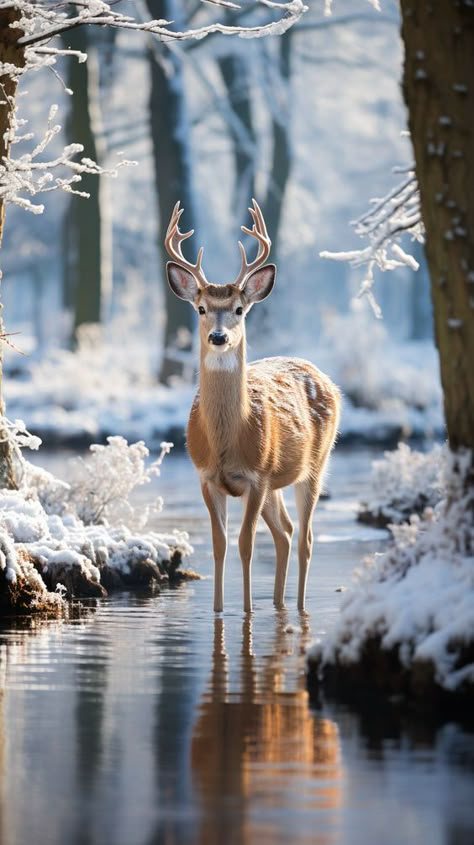 Deer Aesthetic Wallpaper, Deer In Snow, Deer Snow, Ice Aesthetic, Deer Winter, Deer Photography, Majestic Deer, Deer Wallpaper, Snow Animals