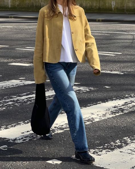 Minimal Spring Outfit, Chloe Hayward, Suede Jacket Outfit, Blue Suede Jacket, Simple Spring Outfits, Matching Skirt Set, Collarless Coat, Spring Outfit Ideas, Brown Suede Jacket