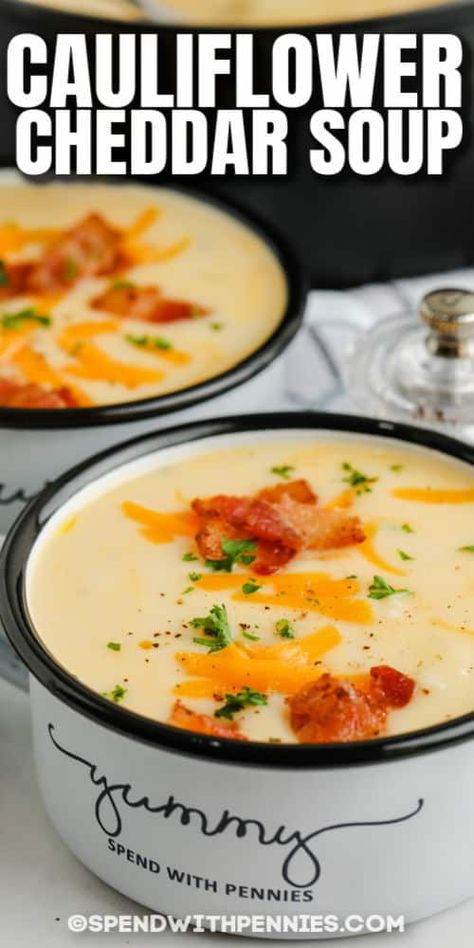 Cauliflower potato soup has fresh and tasty ingredients that are easy to put together. With cauliflower, cheddar, bacon, and garlic in a creamy base, this soup is sure to turn out great. Don't forget the baking potatoes! #spendwithpennies #cauliflowerpotatosoup #cauliflowercheddarsoup #soup #recipe #creamy #healthy #easy #creamof #bacon #cheddar #cheesy Cauliflower And Broccoli Soup, Slow Cooker Cauliflower, Slow Cooker Cauliflower Soup, Cauliflower Cheddar Soup, Cauliflower Potato Soup, Cheesy Cauliflower Soup, Cauliflower And Broccoli, Keto Slow Cooker, Cauliflower Potatoes