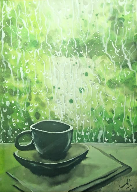 How to draw watercolor coffee and rain outside the window step by step tutorial easy Rainy Window Watercolor Painting, How To Paint Rain Watercolor, Rainy Day Watercolor Painting Easy, Rain Drawing Sketches Rainy Days, Rain On Window Drawing, Rain Window Illustration, Rainy Watercolor Painting, Rainy Day Illustration Art, Rain Window Painting