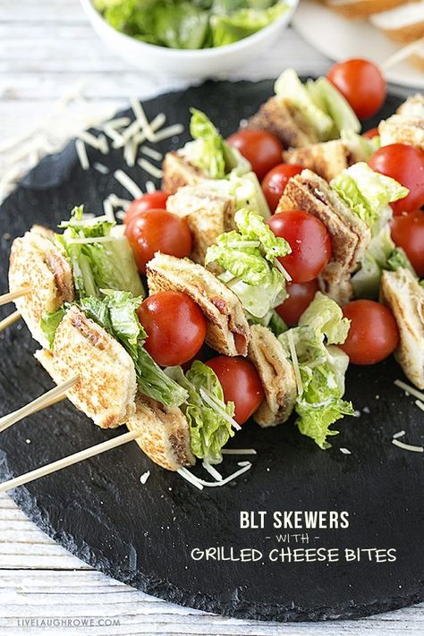 Amazing BLT Skewers with Grilled Cheese Bites. Flavorful, colorful and delicious is a winning combination. Recipe at livelaughrowe.com Blt Skewers, Grilled Cheese Bites, Bacon Party, Skewers Grill, Delicious Appetizer Recipes, Cheese Bites, Grilling Season, Light Dinner, Culinary Arts