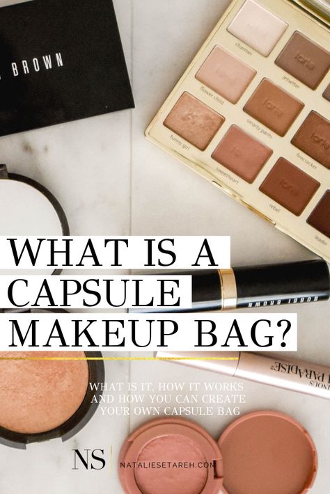 Minimal Travel Makeup Bag, Makeup Bag Must Haves, Minimal Travel Makeup, Purse Makeup Bag Essentials, Minimal Makeup Bag Essentials, Minimal Makeup Kit, Capsule Makeup Bag, Makeup Bag Essentials List, Minimal Makeup Bag