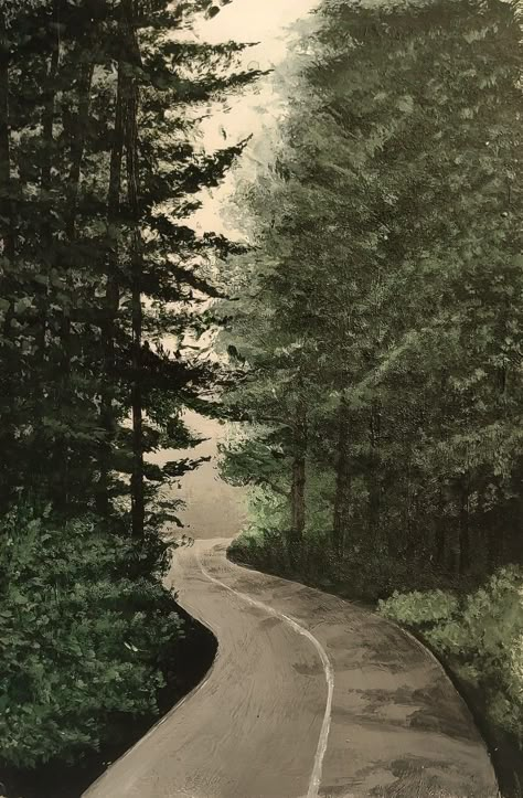 Road With Trees Painting, Scenery Painting Acrylic Easy Landscape, Nature Paintings Acrylic Forest, Simple Acrylic Paintings Trees, Dark Trees Painting, Simple Painting Ideas Nature, Forest Aesthetic Painting Easy, Road And Trees Painting, Acrylic Road Painting