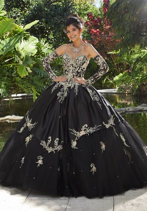 Rhinestone and Crystal Beading on Three-Dimensional, Metallic Embroidery on a Tulle Ballgown Quince Dresses With Sleeves, Black Quince Dress, Black Quince Dresses, Black Quinceanera, Black Quince, Charro Quinceanera Dresses, Black Quinceanera Dresses, Quinceñera Dresses, Black Ball Gown