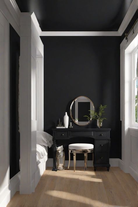 home decorating,home interior,home interior design,interior bedroom design One Wall Black Bedroom, Black Painted Walls Bedroom, Black Painted Bedroom, Black Ceiling Bedroom, Charcoal Black Paint, Colors For Bedroom, Grey Bedroom Paint, Glazed Cabinets, Black And Grey Bedroom