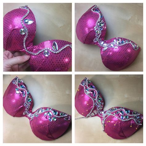 Pink Rhinestone bra in progress, demonstrating the "Line and Cluster" design approach. | Studio Davina www.davina.us Rhinestone Bra Diy, Belly Dance Costumes Diy, Bra Diy, Beading Applique, Dance Diy, Bra Art, Carnival Design, Belly Dance Lessons, Belly Dance Bra