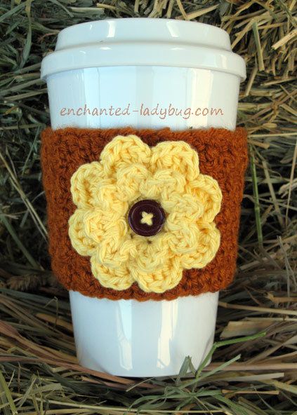 Crochet Autumn Fall Flower Coffee Cup Cozy Pattern ~ FREE - CROCHET Coffee Cup Cozy Pattern, Crochet Cozies, Free Form Crochet, Coffee Cozy Pattern, Cup Cozy Crochet Pattern, Crochet Autumn, Cup Cozy Pattern, Crochet Mug Cozy, Crochet Puff Flower