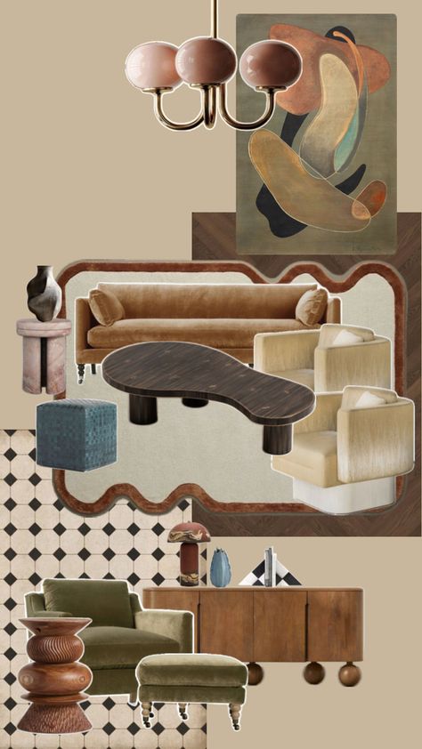 This collage mood board of a living area is inspired by a painting. The painting guides the design of the area with a unique color combination & flowy shapes. Interior Design Portfolio Layout, Eclectic Living, Eclectic Living Room, Interior Design Architecture, Interior Design Mood Board, Apartment Decor Inspiration, Living Room Inspo, Art Deco Interior, Dream House Decor