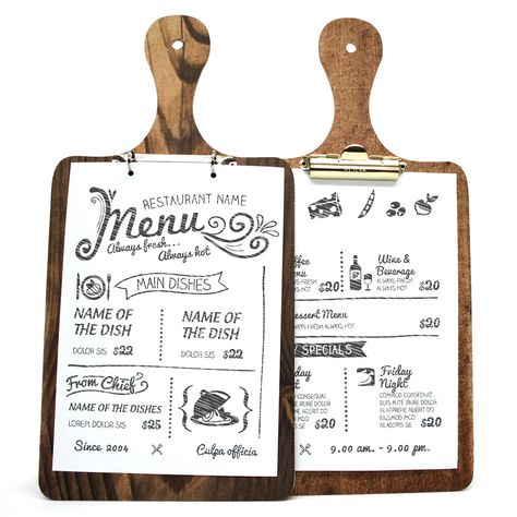 Wood Menu Board, Menu Board Design, Wood Menu, Clip Boards, Restaurant Vintage, Menu Covers, Menue Design, Menu Holders, Menu Boards