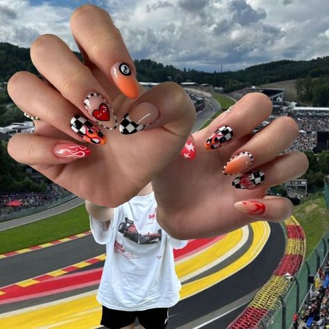 OXFORD GEL NAILS on Instagram: "Tell me you’re going to see the F1 without telling me 🏎️🏁❤️‍🔥  These nails are CRAZYYYYYYY🔥  Completely hand painted with gel polishes and my lil nail art brush, swipe to see the checkered nail being painted!  Because I’m crazy I decided I wanted the checkered boards to be painted after the flame so that it would stand out more 💥  #nailartists #nailartinspiration #wownails #f1nails #f1driver #f1racing #formula1 #formuladrift #nailsnailsnails #nailsofinsta #oxfordnails #nailtech #flamenails #checkerednails #racingnails" Racing Nails, Checkered Nails, Wow Nails, Diy Acrylic Nails, Art Brush, Nail Art Brushes, The Flame, Nail Art Inspiration, Nail Tech