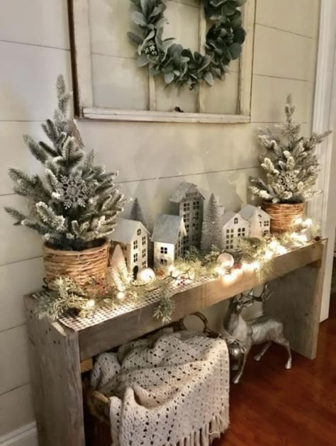 Multi Tree Christmas Display, Snowy Christmas Mantle Decor, Fireplace Greenery Decor, Christmas Tree Farm Table Decor, Farmhouse Boho Christmas Decor, Christmas Decor Ideas Entertainment Center, Farmhouse Christmas Tv Stand Decor, Christmas Decor On Shelf, Winter Tv Stand Decor