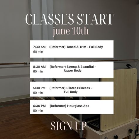 Class schedule for Monday June 10th! Our first day of reformer Pilates ✨ COME JOIN US . . . . #pilates #classes #pilateslovers #pilatestudio #reformerstudio #reformers #losangeles Pilates Schedule, Pilates Ideas, Pilates Classes, Reformer Pilates, Pilates Instructor, Class Schedule, Pilates Studio, Pilates Reformer, First Day