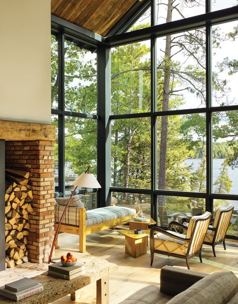 Michigan Lake House, Michigan Lake, Veranda Magazine, Inviting Bedroom, Brick Siding, Lake Cabin, Fancy Houses, Comfortable Furniture, Lake Cabins