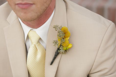 Beige Suits Wedding, Yellow Boutonniere, Groom Colours, Orange Wedding Themes, Boutonnieres Prom, Yellow Wedding Theme, Wedding Tux, Bride Attire, Tan Wedding