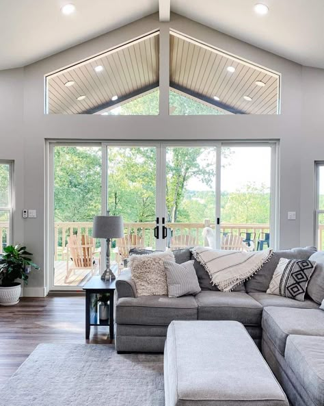 Vaulted Ceiling Windows, Light Grey Painted Walls, Large Windows Living Room, Cathedral Ceiling Living Room, Vaulted Ceiling Ideas, Grey Painted Walls, Vaulted Ceiling Living Room, Off The Grid Living, Sunroom Addition