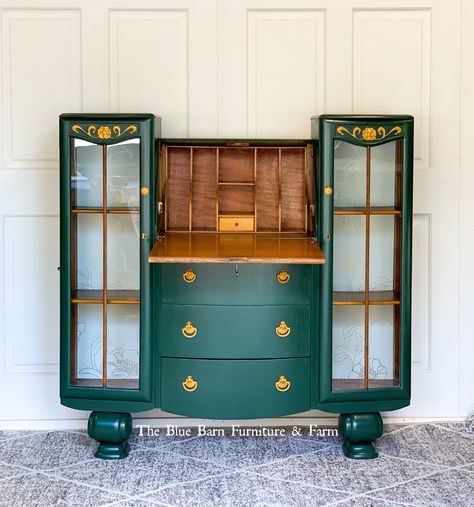 Wise Owl Foxtrot CSP and Heävy Mëtals Cleopatra Gold were used on this funky secretary to give it modern update Green Secretary Desk, Wise Owl Paint One Hour Enamel, Green And Gold Dresser Painted Furniture, Wise Owl One Hour Enamel, Art Deco Copper Verdigris, Blue Barn, Salt Wash, Wise Owl Paint, Foxtrot