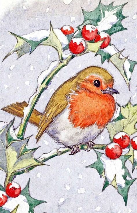 Christmas Scene Drawing, Robin Drawing, Holly Branch, Painted Christmas Cards, Christmas Drawings, Christmas Robin, Drawings Ideas, Christmas Card Art, Watercolor Christmas Cards