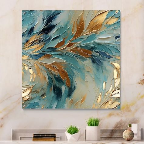 Designart "Gold And Blue Frosty Drift Experienc" Abstract Gloss Wall Decor Gold - Glam Acrylic Wall Art Decor - Bed Bath & Beyond - 41182204 Wall Art Blue And Gold, Good Leaf Painting, Colourful Acrylic Paintings, Wall Art Trends 2024, Aqua Living Room Decor, Paintings For Kitchen, Modern Art For Living Room, Abstract Painting Acrylic Modern, Wall Art For Kitchen