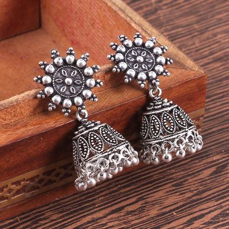 Check out this item in my Etsy shop https://www.etsy.com/listing/740367434/oxidized-silver-plated-handmade-small Small Jhumka, Oxidized Jhumkas, Jhumka Designs, Gold Pearl Jewelry, Oxidised Silver Jewelry, Edgy Jewelry, Antique Silver Jewelry, Fancy Jewellery Designs, Jhumki Earrings