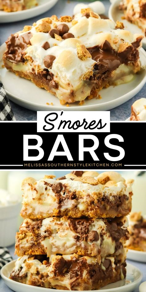 Easy to make fun summer dessert! This S'mores Bars recipe features a soft and chewy marshmallow-filled bar packed with melted chocolate atop a buttery graham cracker crust. Pack these S’mores bars and take them to picnics or for easy Labor Day party food! Treat Recipes Desserts, S’mores Bars, Portable Dessert, Easy Dessert Bars, S Mores Bars, Marshmallow Chocolate, Best Pecan Pie, Chocolate Chip Pecan Cookies, Treats Recipes