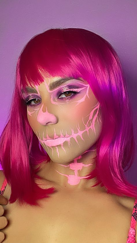 Colourful Skeleton Makeup, Pink Skull Makeup Halloween, Skeleton Makeup Colorful, Easy Skeleton Makeup Diy Kids, Colorful Skeleton Makeup, Rainbow Skeleton Makeup, Pink Skeleton Makeup, Colorful Skull Makeup, Pink Skull Makeup