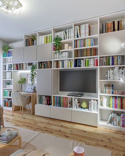 Home Library Rooms, Built In Shelves Living Room, Living Room Wall Units, Living Room Built Ins, Bookshelves In Living Room, Home Library Design, Bookshelf Design, Living Room Shelves, 아파트 인테리��어